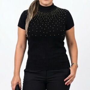 Silver Studded Mock Neck Knit Top Size S🖤✨